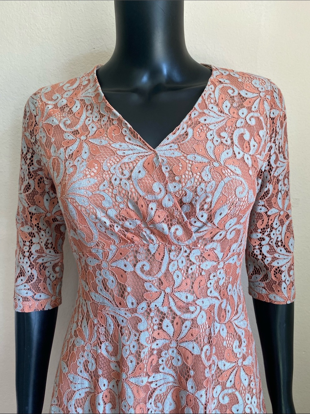 Women's Lace Overlay Fit-and-Flare Dress in Rust Orange and Light Blue - Picture 3 of 13